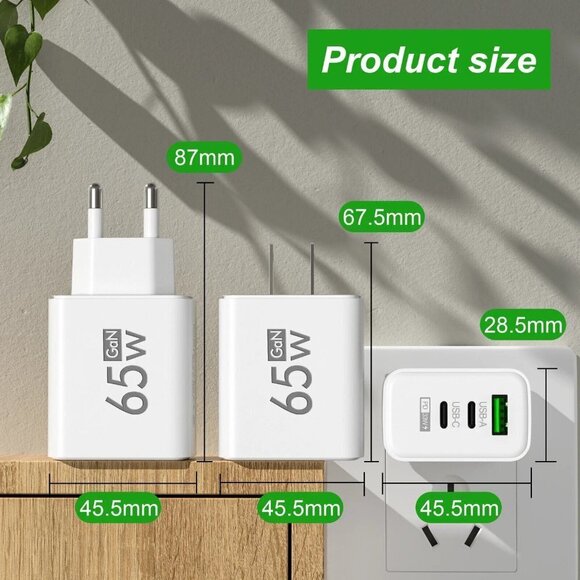 65W USB GaN Charger Type C Fast Charge Wall Charger Phone Power Adapter 3‎ ports - Picture 3 of 6